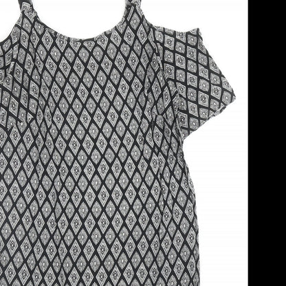 Papaya Womens Black Geometric Polyester A-Line Size 8 Scoop Neck Pullover - Cold Shoulder