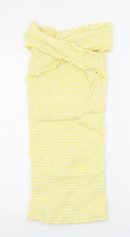 Missguided Womens Yellow Check 100% Cotton Bodycon Size 6 Off the Shoulder Pullover