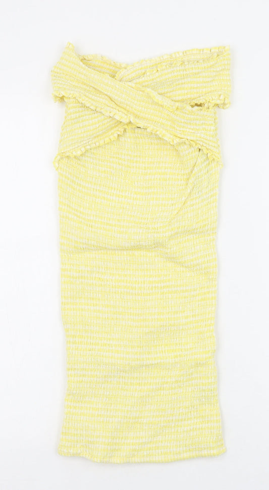 Missguided Womens Yellow Check 100% Cotton Bodycon Size 6 Off the Shoulder Pullover