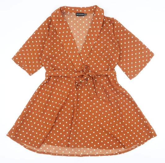 PRETTYLITTLETHING Womens Brown Polka Dot Polyester Fit & Flare Size 6 V-Neck Tie