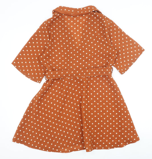PRETTYLITTLETHING Womens Brown Polka Dot Polyester Fit & Flare Size 6 V-Neck Tie