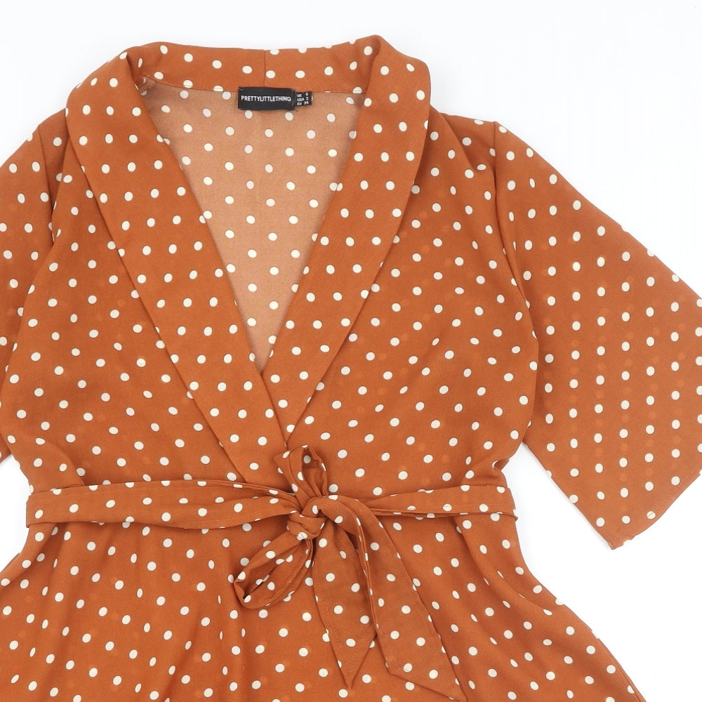 PRETTYLITTLETHING Womens Brown Polka Dot Polyester Fit & Flare Size 6 V-Neck Tie