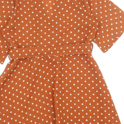 PRETTYLITTLETHING Womens Brown Polka Dot Polyester Fit & Flare Size 6 V-Neck Tie