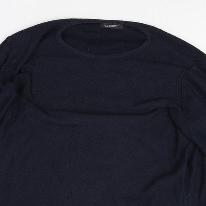 Zara Mens Blue Round Neck Polyester Pullover Jumper Size M Long Sleeve