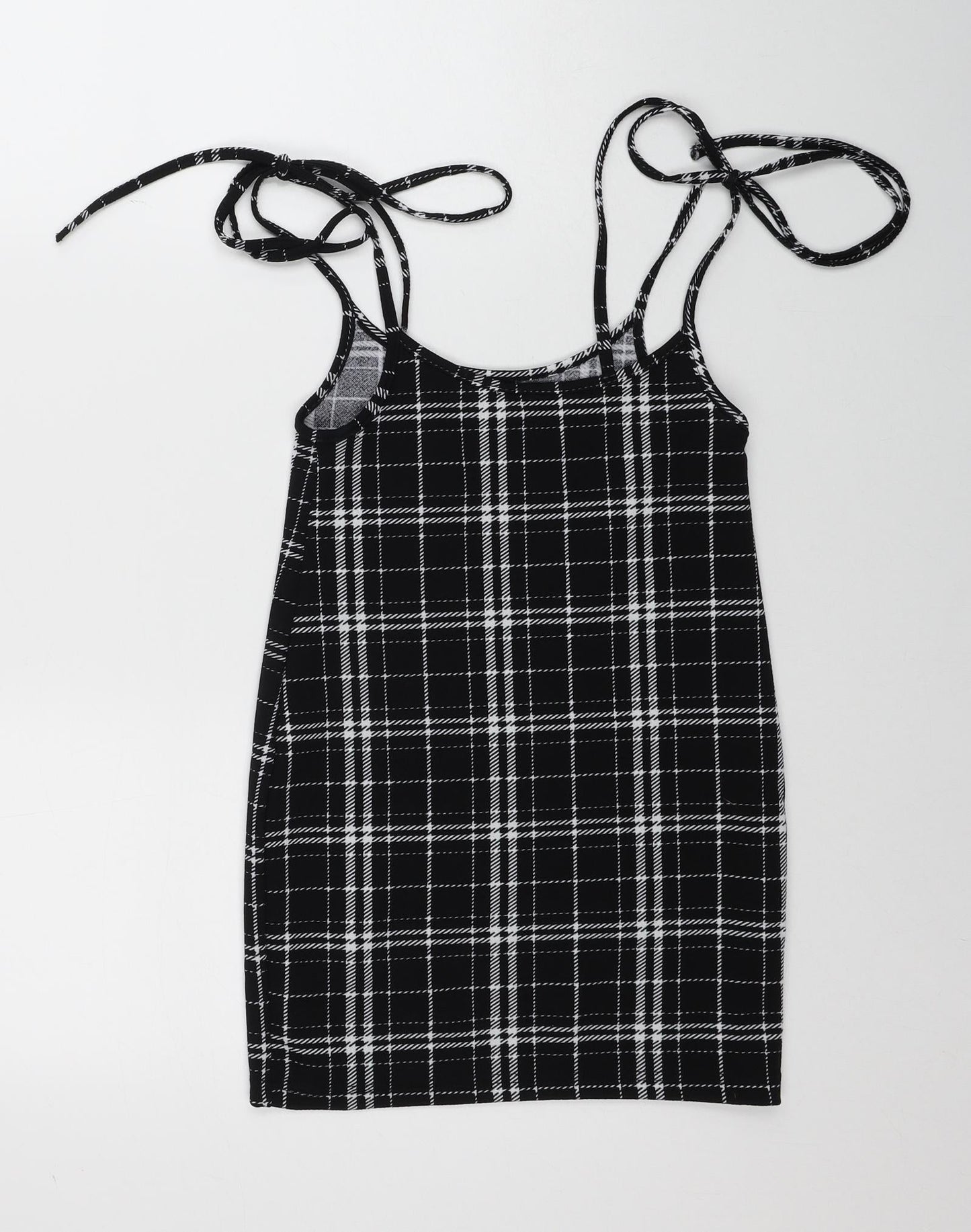 SheIn Womens Black Plaid Polyester A-Line Size XS Scoop Neck Tie