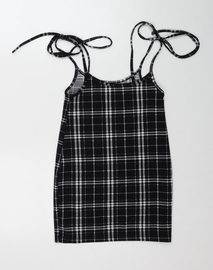 SheIn Womens Black Plaid Polyester A-Line Size XS Scoop Neck Tie