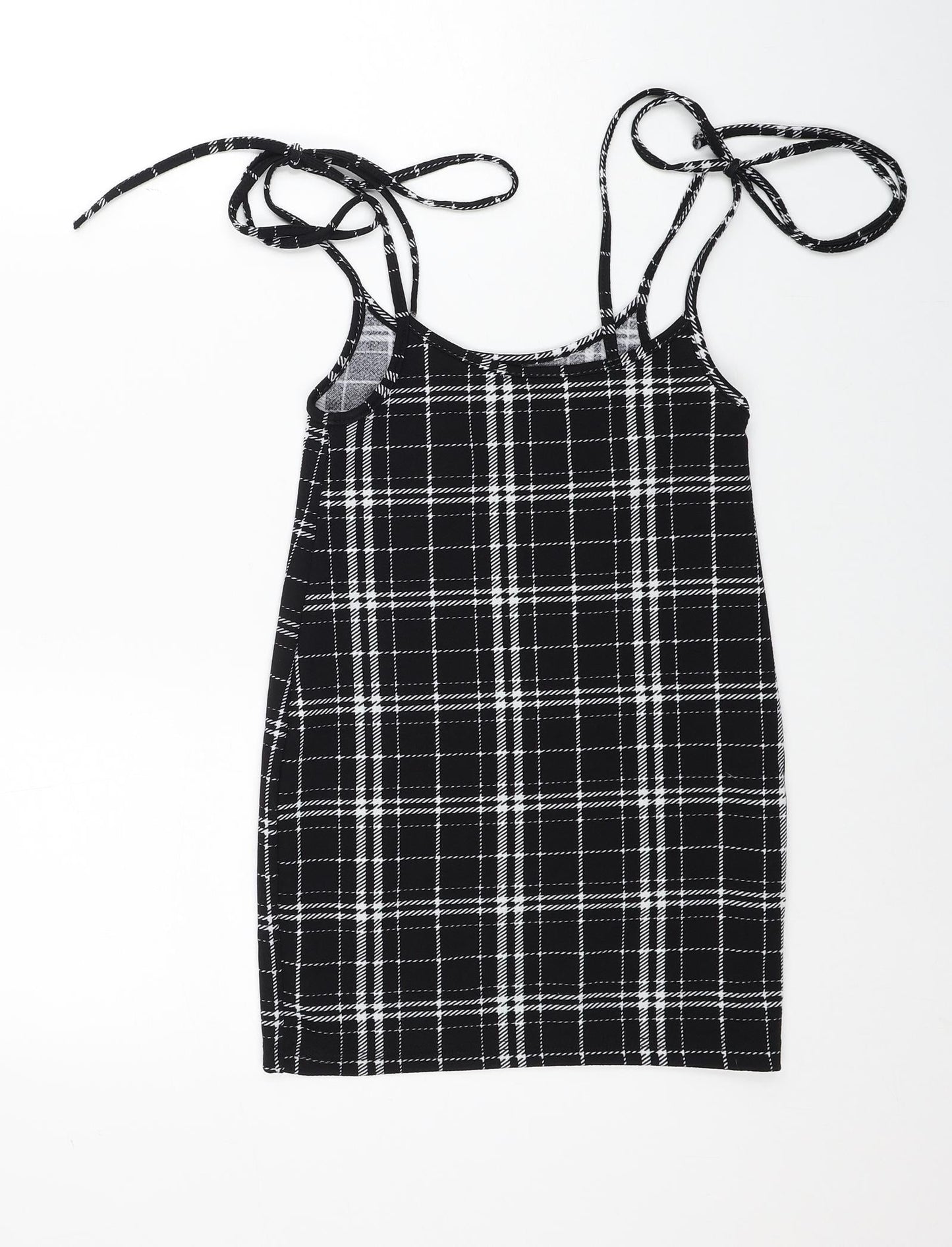 SheIn Womens Black Plaid Polyester A-Line Size XS Scoop Neck Tie