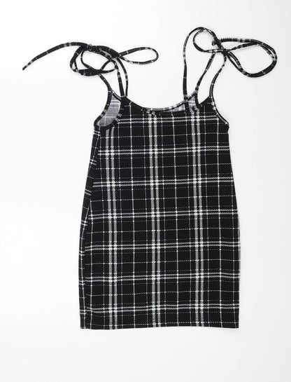 SheIn Womens Black Plaid Polyester A-Line Size XS Scoop Neck Tie