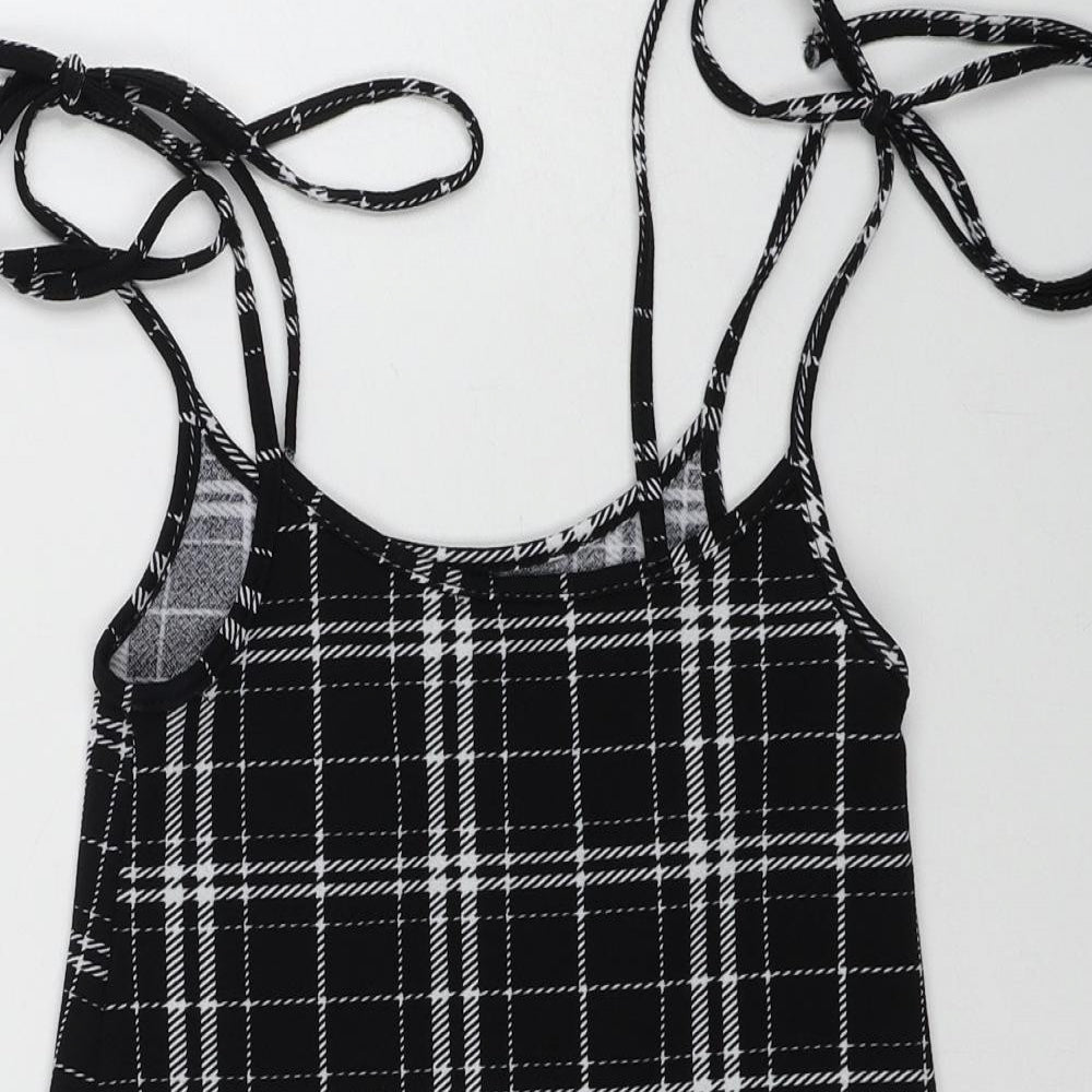 SheIn Womens Black Plaid Polyester A-Line Size XS Scoop Neck Tie