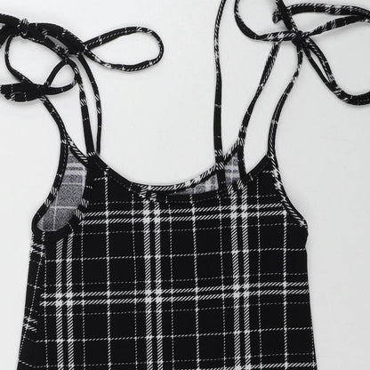 SheIn Womens Black Plaid Polyester A-Line Size XS Scoop Neck Tie
