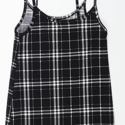 SheIn Womens Black Plaid Polyester A-Line Size XS Scoop Neck Tie