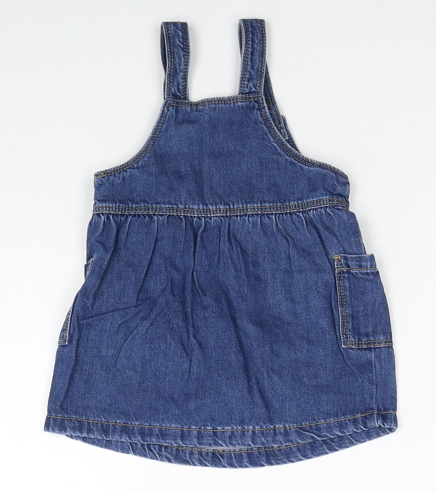 Marks and Spencer Girls Blue Cotton A-Line Size 3-6 Months Square Neck Button
