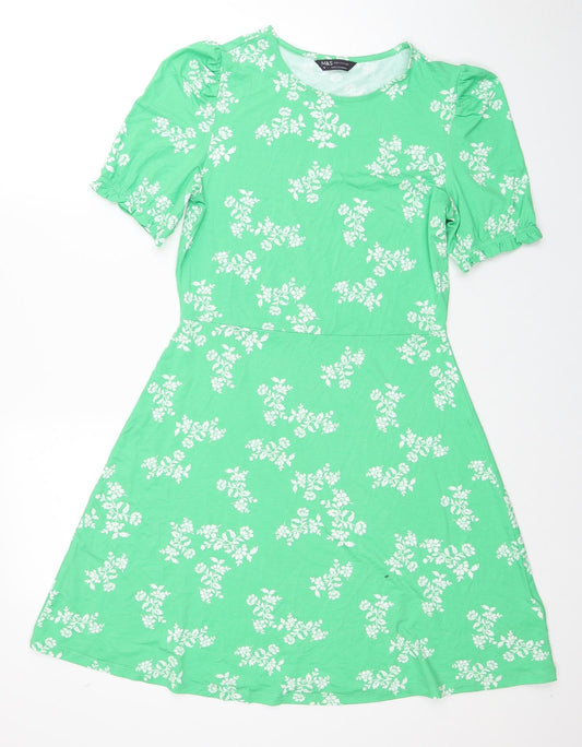 Marks and Spencer Womens Green Floral Viscose Fit & Flare Size 10 Round Neck Pullover