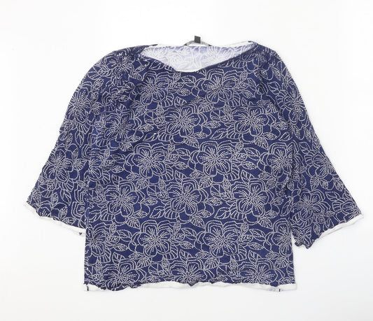 Bonmarché Womens Blue Geometric Viscose Basic T-Shirt Size 12 Round Neck