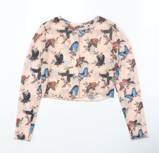 Primark Womens Beige Geometric Polyester Basic Blouse Size 10 Round Neck - Butterfly Print
