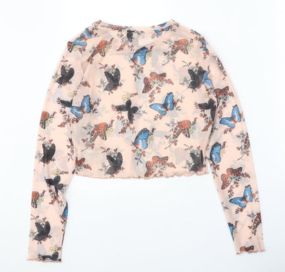 Primark Womens Beige Geometric Polyester Basic Blouse Size 10 Round Neck - Butterfly Print