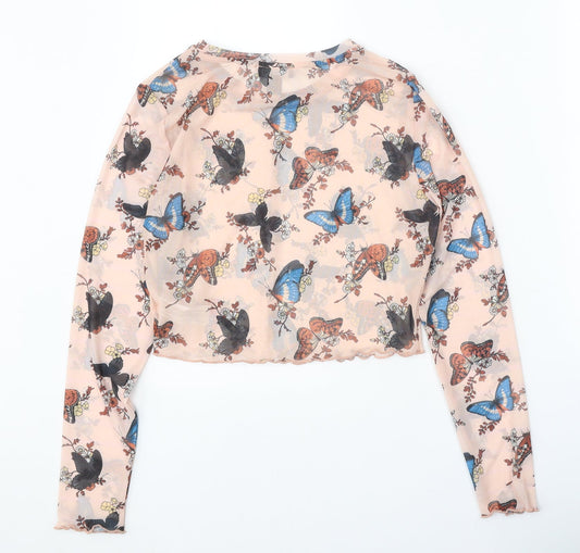 Primark Womens Beige Geometric Polyester Basic Blouse Size 10 Round Neck - Butterfly Print