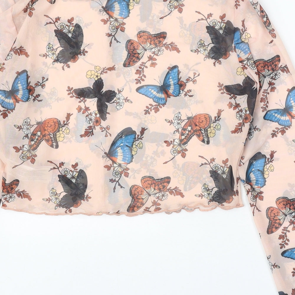 Primark Womens Beige Geometric Polyester Basic Blouse Size 10 Round Neck - Butterfly Print