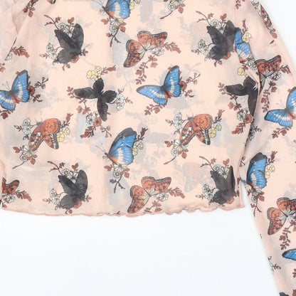 Primark Womens Beige Geometric Polyester Basic Blouse Size 10 Round Neck - Butterfly Print