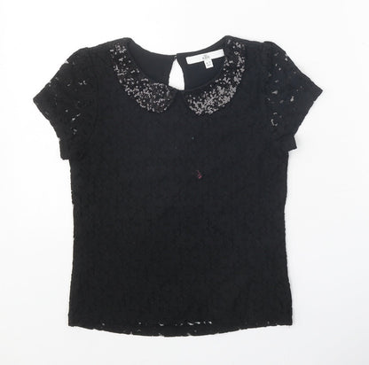 Marks and Spencer Girls Black 100% Cotton Pullover T-Shirt Size 8-9 Years Collared Button - Lace