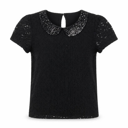Marks and Spencer Girls Black 100% Cotton Pullover T-Shirt Size 8-9 Years Collared Button - Lace