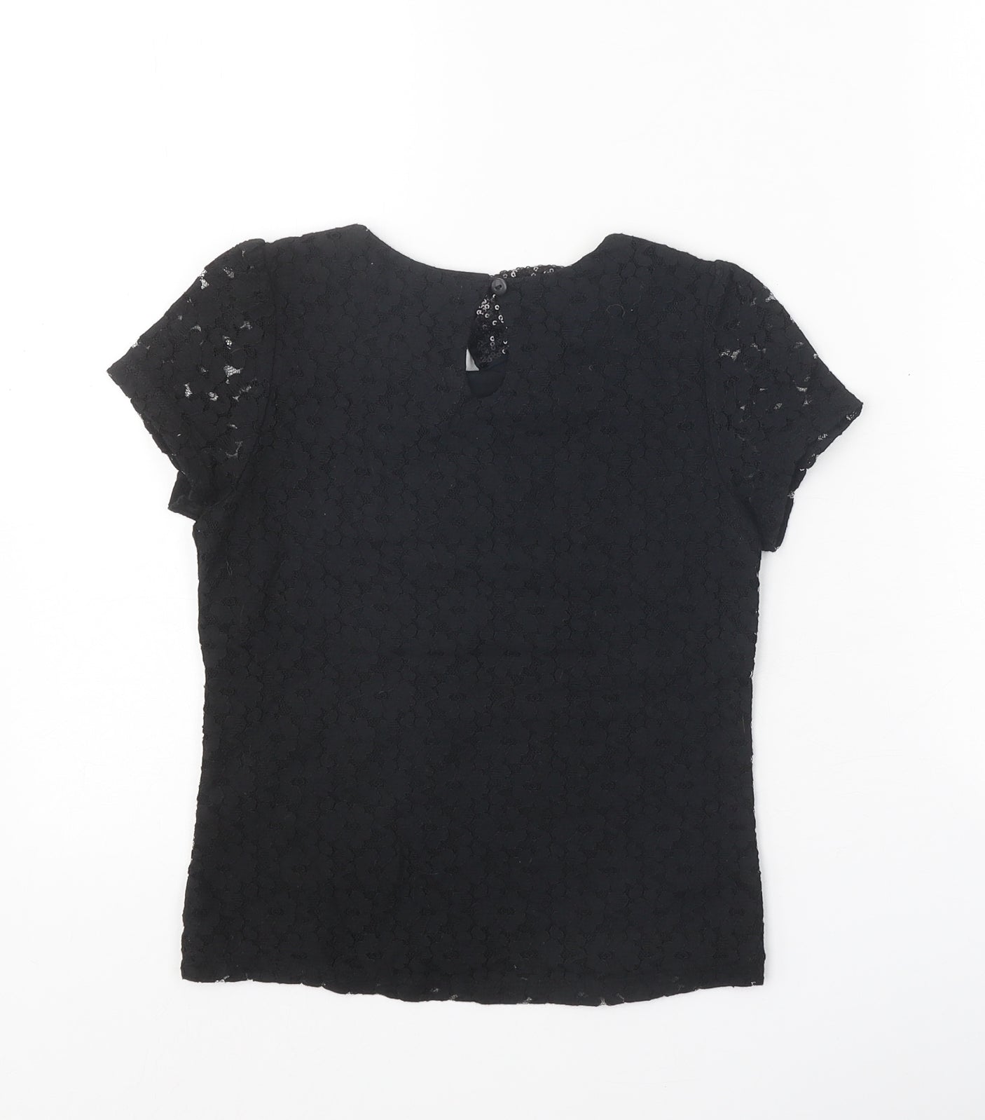 Marks and Spencer Girls Black 100% Cotton Pullover T-Shirt Size 8-9 Years Collared Button - Lace