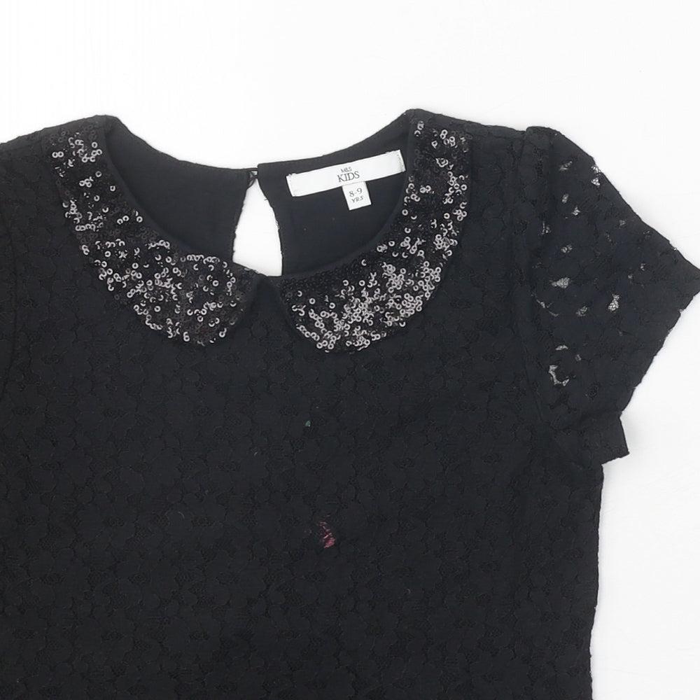 Marks and Spencer Girls Black 100% Cotton Pullover T-Shirt Size 8-9 Years Collared Button - Lace