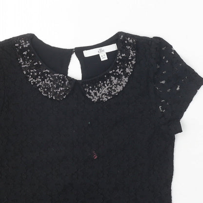 Marks and Spencer Girls Black 100% Cotton Pullover T-Shirt Size 8-9 Years Collared Button - Lace