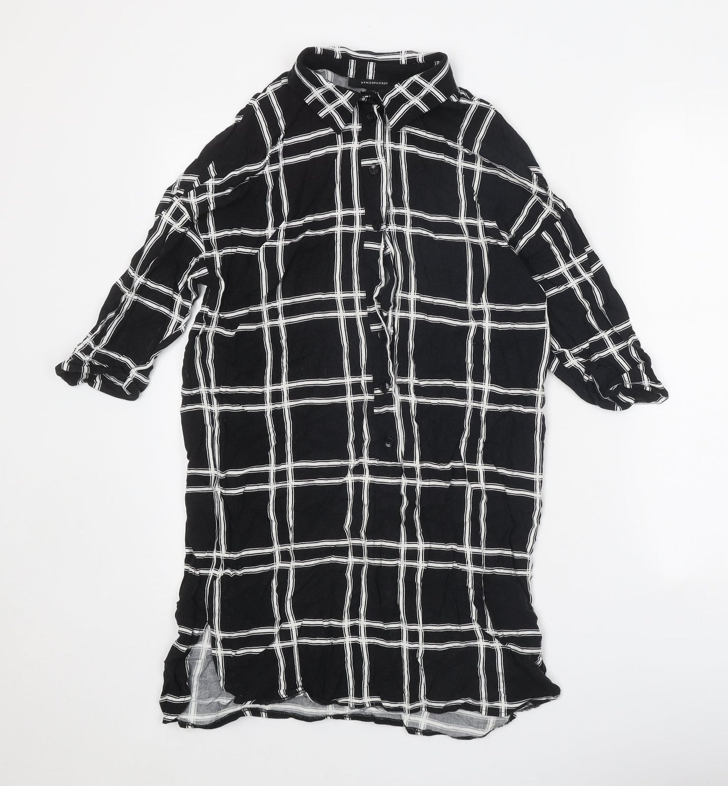 Atmosphere Womens Black Check Viscose Shirt Dress Size 8 Collared Button