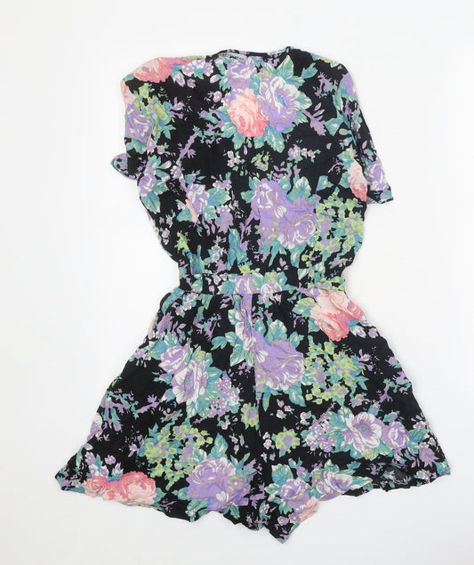Warehouse Womens Black Floral Viscose Playsuit One-Piece Size 8 Tie