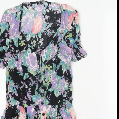Warehouse Womens Black Floral Viscose Playsuit One-Piece Size 8 Tie