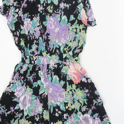 Warehouse Womens Black Floral Viscose Playsuit One-Piece Size 8 Tie