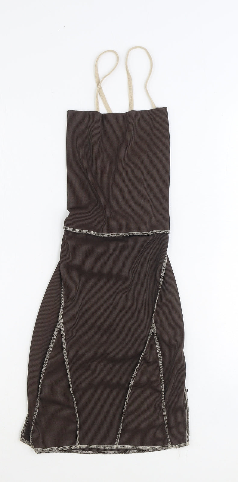 PRETTYLITTLETHING Womens Brown Polyester Bodycon Size 8 Square Neck Tie