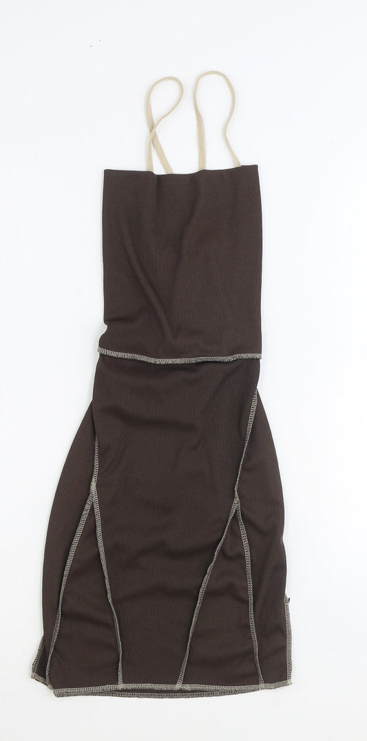 PRETTYLITTLETHING Womens Brown Polyester Bodycon Size 8 Square Neck Tie