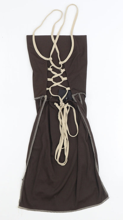 PRETTYLITTLETHING Womens Brown Polyester Bodycon Size 8 Square Neck Tie