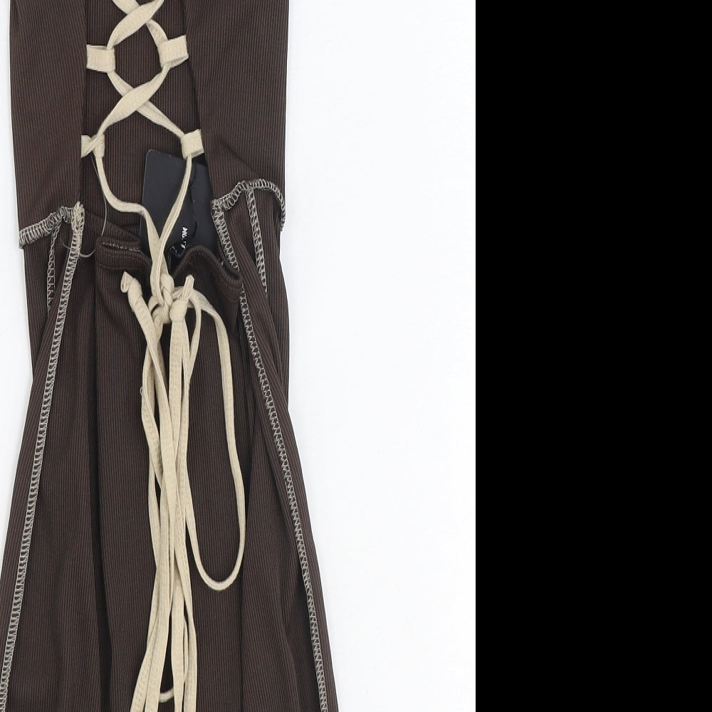 PRETTYLITTLETHING Womens Brown Polyester Bodycon Size 8 Square Neck Tie