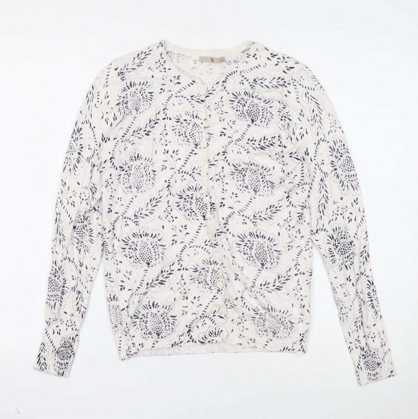 TU Womens White Round Neck Geometric Acrylic Cardigan Jumper Size 12