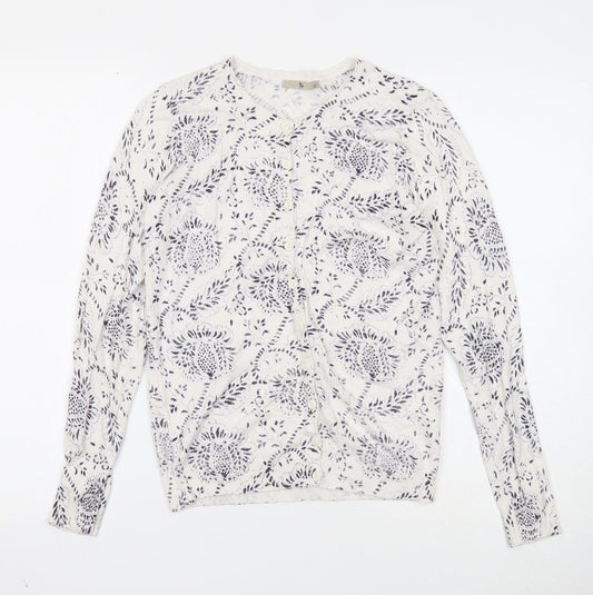 TU Womens White Round Neck Geometric Acrylic Cardigan Jumper Size 12
