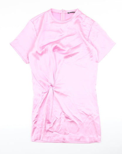 Zara Womens Pink Polyester A-Line Size XS Round Neck Zip - Knot Front