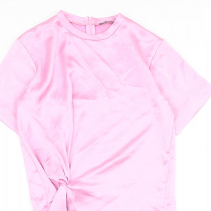Zara Womens Pink Polyester T-Shirt Dress Size XS Round Neck Zip - Knot Front