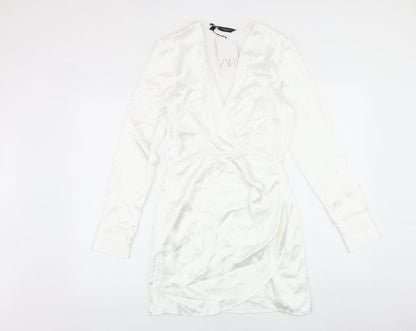 Zara Womens White Polyester A-Line Size XS V-Neck Zip
