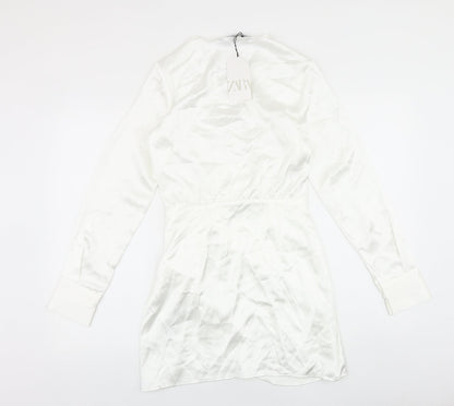Zara Womens White Polyester A-Line Size XS V-Neck Zip