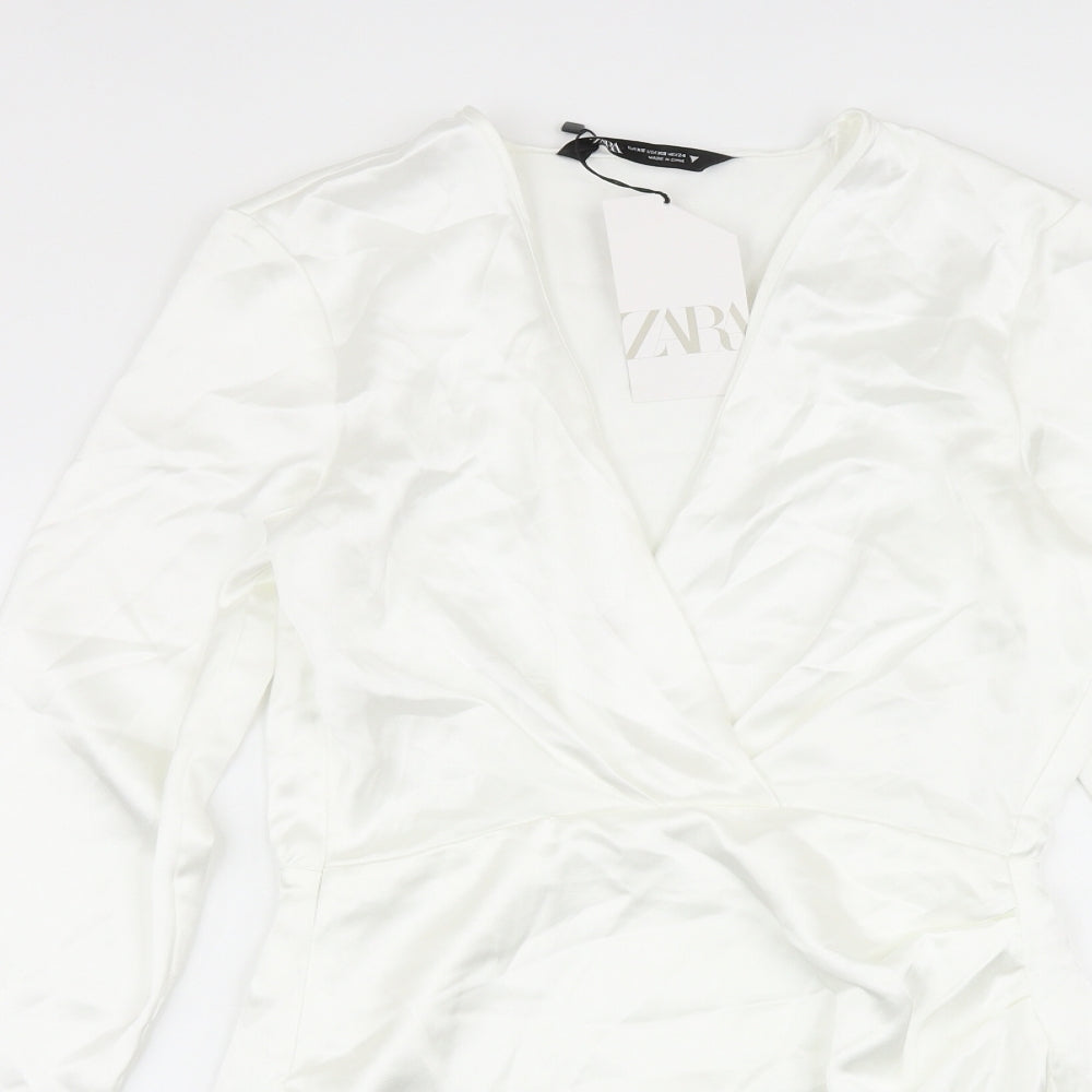 Zara Womens White Polyester A-Line Size XS V-Neck Zip