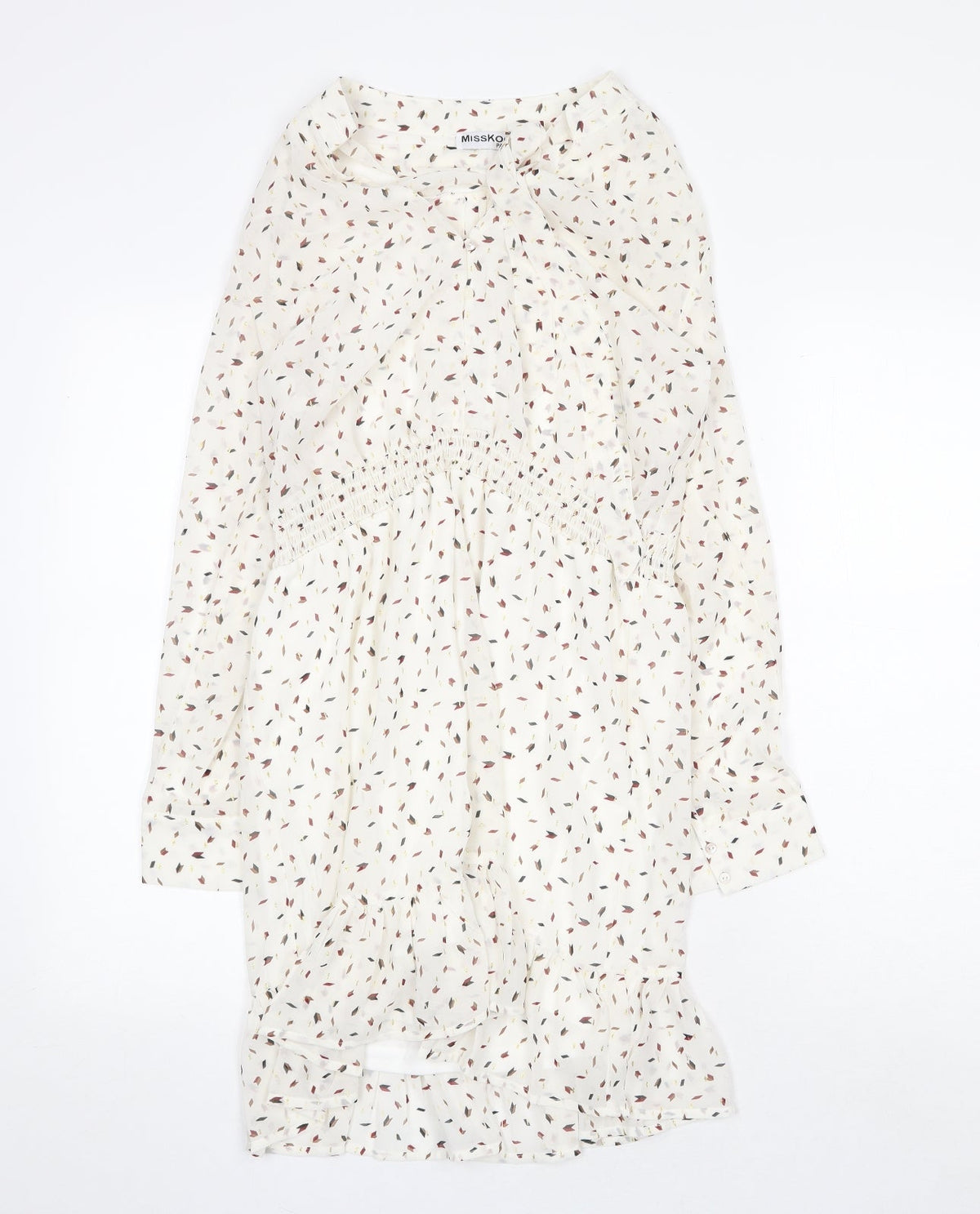 Misskoo Womens White Geometric Polyester A-Line Size S V-Neck Button
