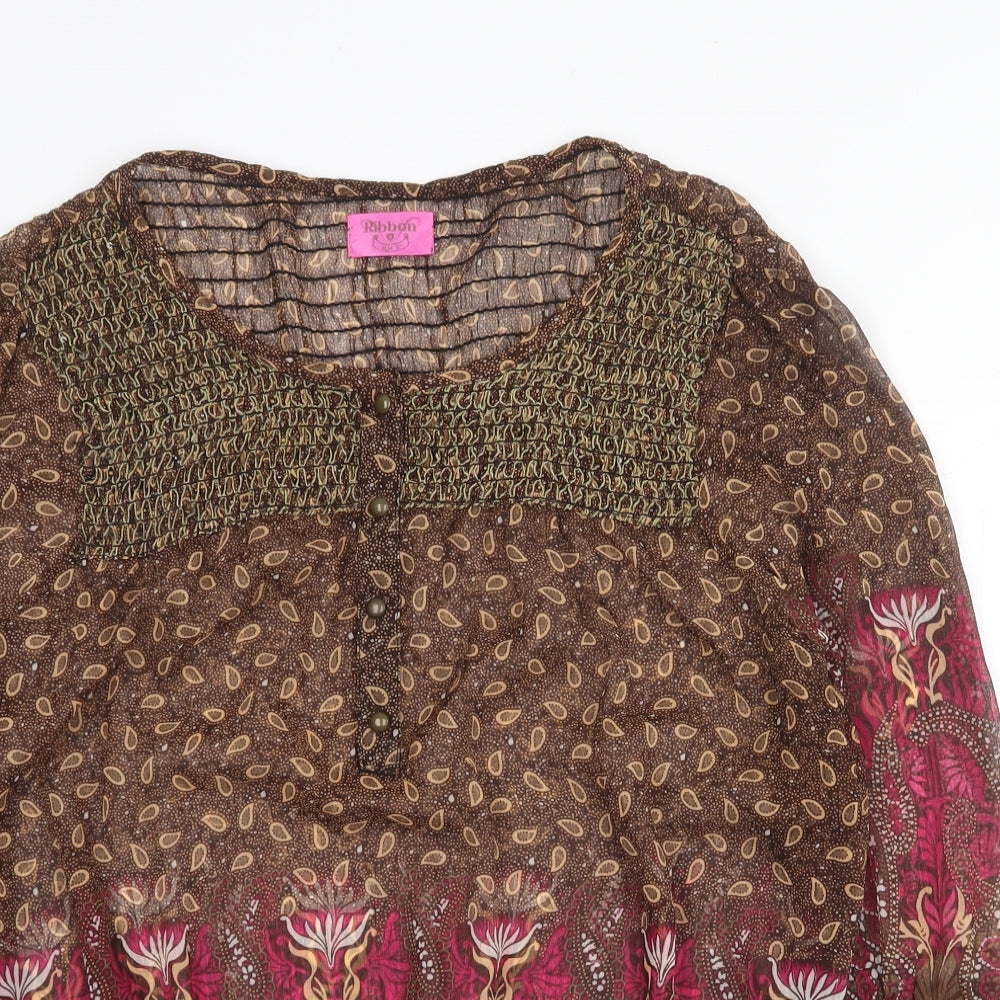 Womens UK Size 10 Ribbon Beige Basic Blouse
