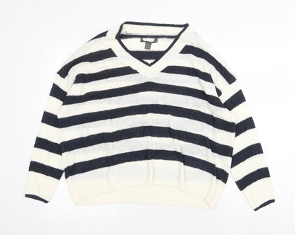 Primark Womens White V-Neck Striped Acrylic Pullover Jumper Size M
