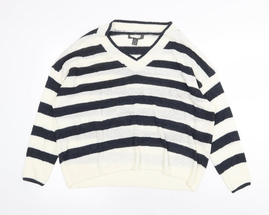 Primark Womens White V-Neck Striped Acrylic Pullover Jumper Size M