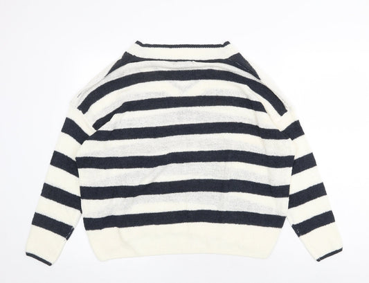 Primark Womens White V-Neck Striped Acrylic Pullover Jumper Size M