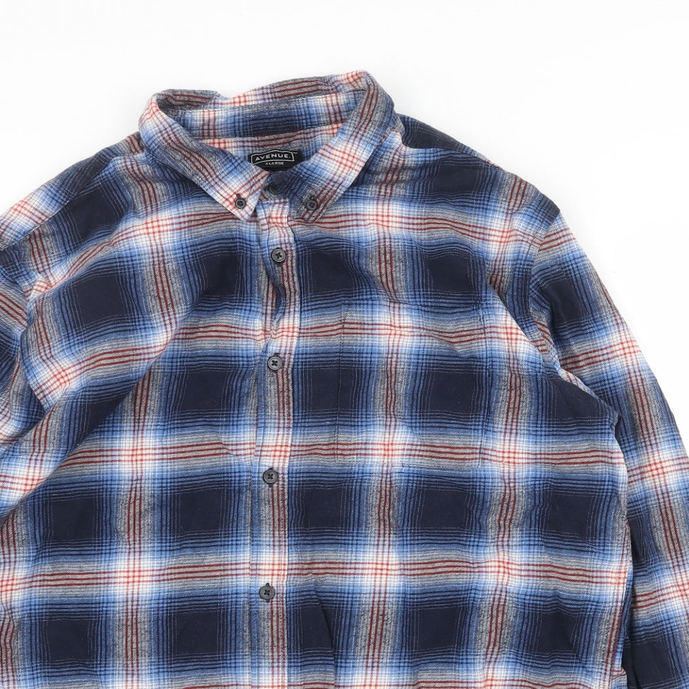 Avenue Mens Blue Plaid Cotton Button-Up Size XS Collared Button
