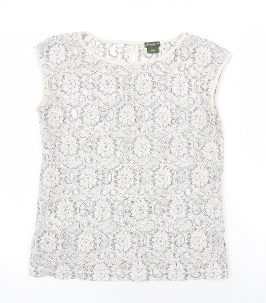 Eddie Bauer Womens Grey Floral Cotton Basic Blouse Size S Round Neck